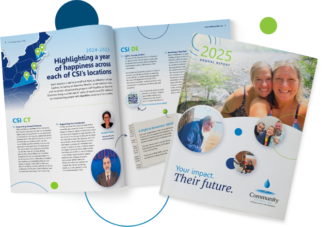 A spread of the CSI 2025 Annual Report, showing the report open to an interior page, and another showing the cover.