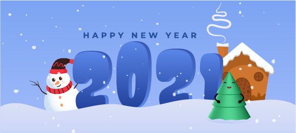 Winter illustration with “Happy New Year 2021,” featuring a snowman, tree, and house in falling snow.
