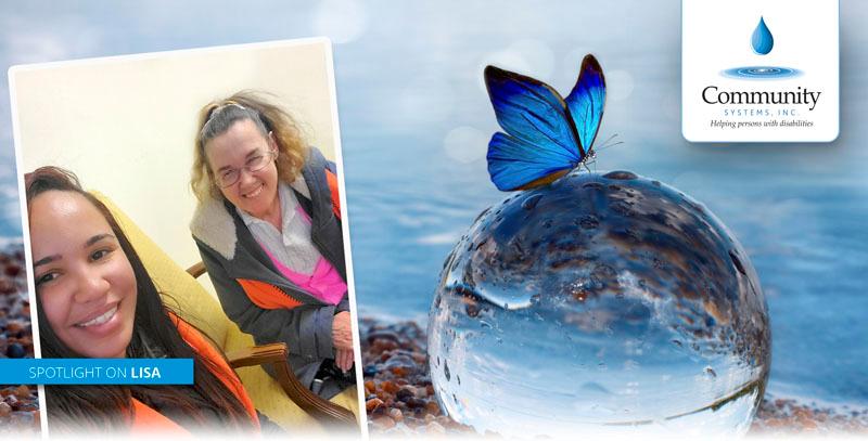 Two women smiling in a photo labeled “Spotlight on Lisa,” next to a butterfly resting on a glass sphere with Community Systems, Inc. logo.