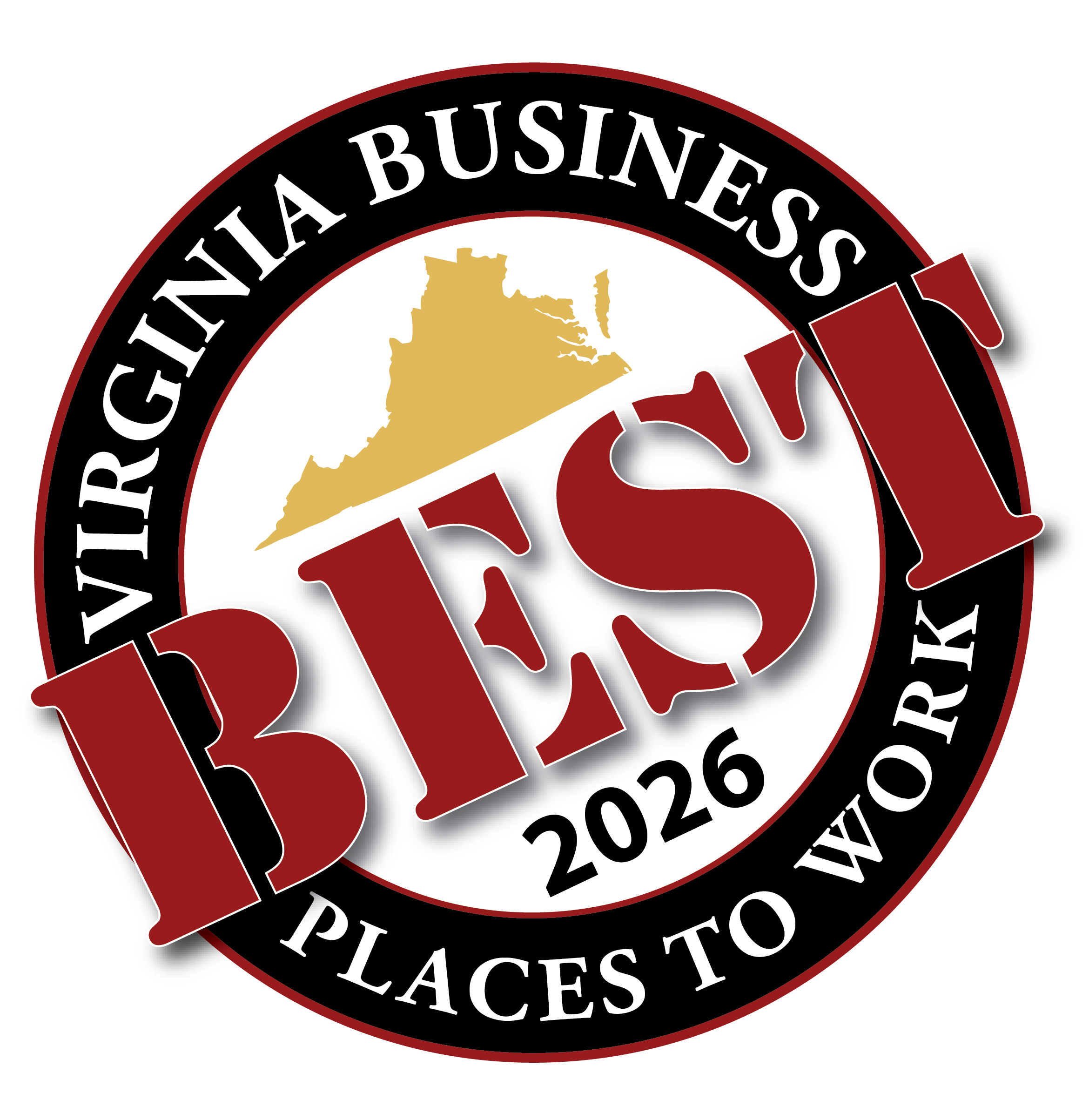 Circular “Virginia Business BEST Places to Work 2026” award logo featuring bold red “BEST” lettering over a gold silhouette of Virginia inside a black-and-red bordered emblem.